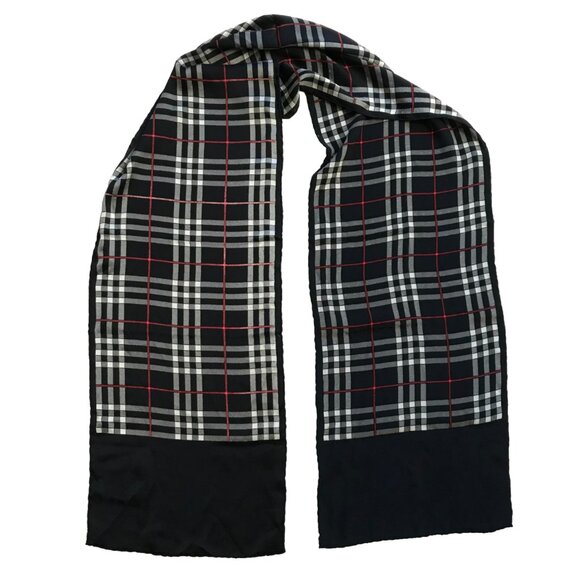 Burberry Silk Rectangle Scarf Navy Blue Red White Plaid Wrap Neck Kerchief - Picture 2 of 11